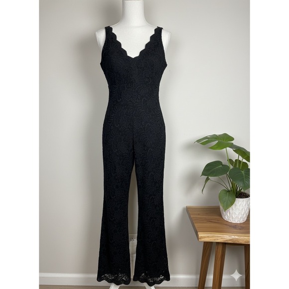 bebe Pants - Bebe‎ Black Lace Scalloped Flared Leg Sheet Jumpsuit XS Grunge Gothic Fairycore